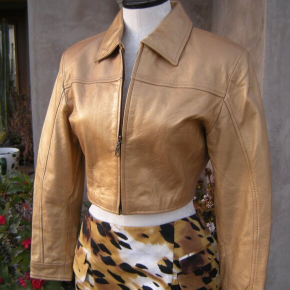CACHE Gold Leather Cropped Sexy Little Zippered Moto Jacket - S - Picture 8 of 9